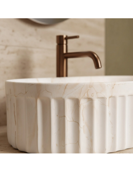 oval håndvask vask bordmonteret bordplade keramik badeværelse marmor beige