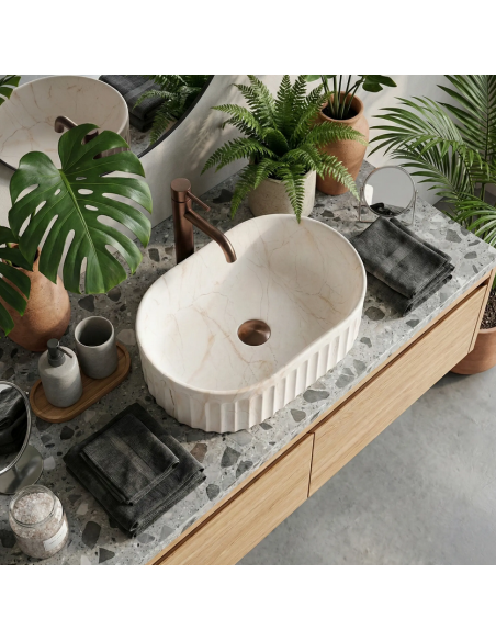 oval håndvask vask bordmonteret bordplade keramik badeværelse marmor beige