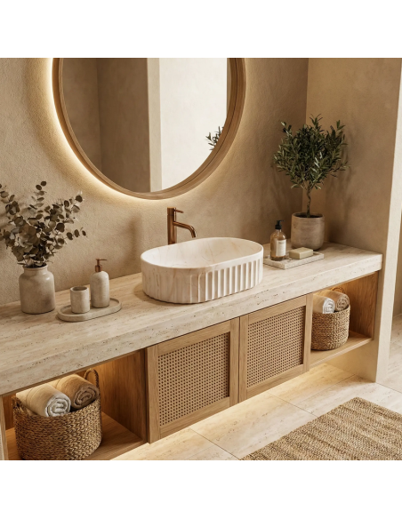 oval håndvask vask bordmonteret bordplade keramik badeværelse marmor beige