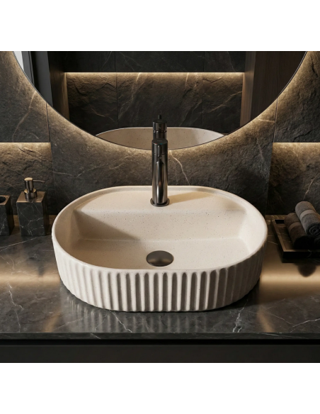 oval håndvask vask bordmonteret bordplade keramik badeværelse marmor beige