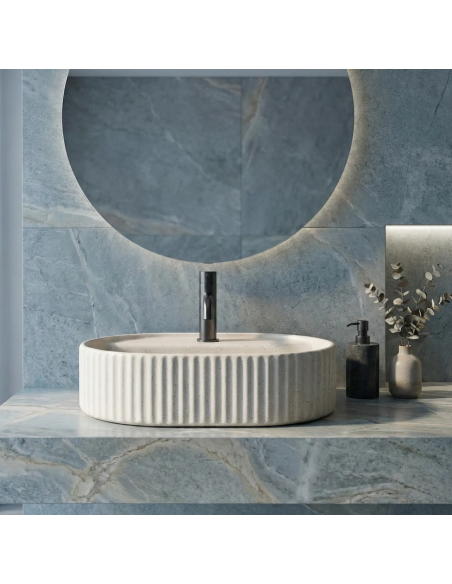 oval håndvask vask bordmonteret bordplade keramik badeværelse marmor beige