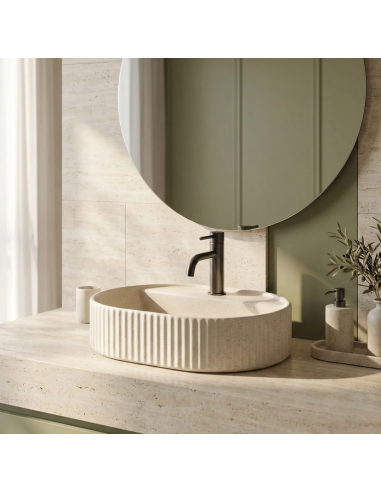 oval håndvask vask bordmonteret bordplade keramik badeværelse marmor beige