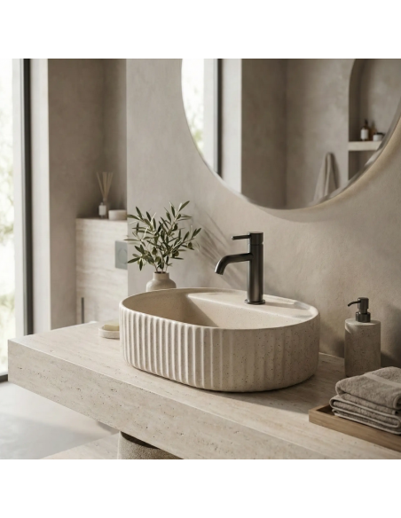 oval håndvask vask bordmonteret bordplade keramik badeværelse marmor beige