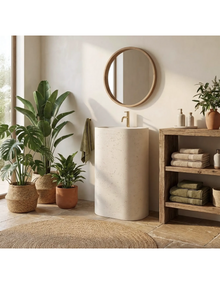 oval håndvask vask gulvmonteret gulv badeværelse sten