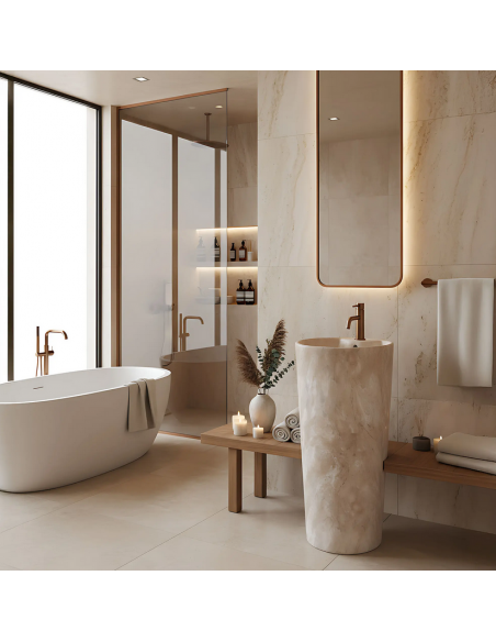 rund håndvask vask gulvmonteret gulv badeværelse keramik marmor