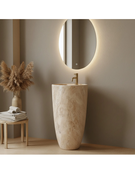 rund håndvask vask gulvmonteret gulv badeværelse keramik marmor travertin sten