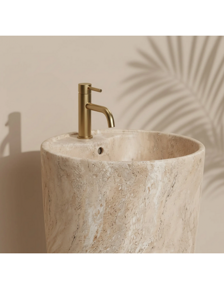 rund håndvask vask gulvmonteret gulv badeværelse keramik marmor travertin sten