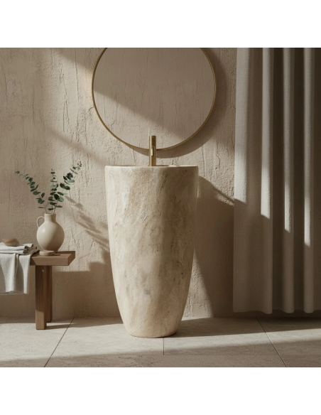 rund håndvask vask gulvmonteret gulv badeværelse keramik marmor travertin sten