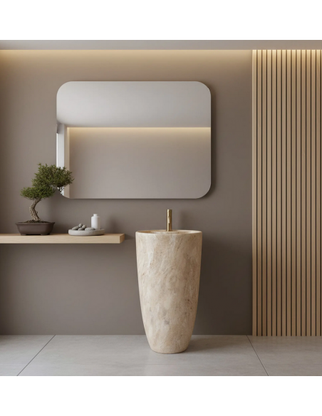 rund håndvask vask gulvmonteret gulv badeværelse keramik marmor travertin sten