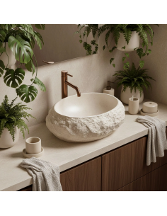 håndvask vask bordmonteret bordplade keramik badeværelse sten beige