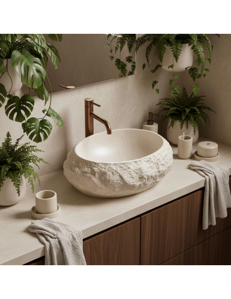håndvask vask bordmonteret bordplade keramik badeværelse sten beige