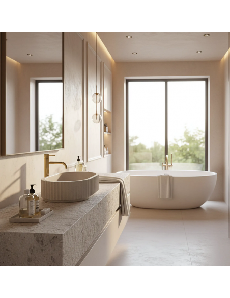 håndvask vask bordmonteret bordplade keramik badeværelse sten