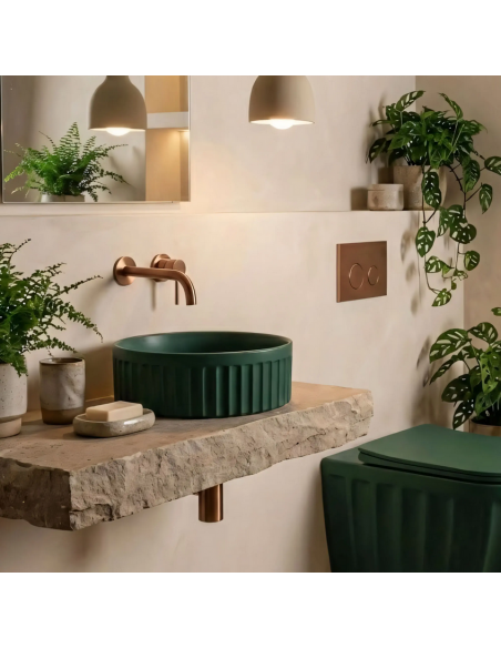 rund håndvask vask bordmonteret bordplade keramik badeværelse