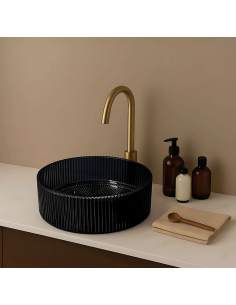rund håndvask vask bordmonteret bordplade badeværelse sort glas