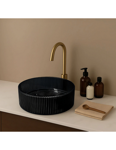 rund håndvask vask bordmonteret bordplade badeværelse sort glas