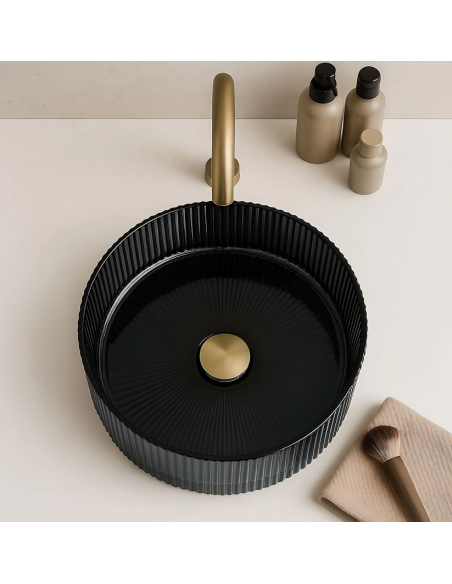 rund håndvask vask bordmonteret bordplade badeværelse sort glas