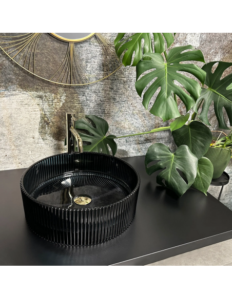 rund håndvask vask bordmonteret bordplade badeværelse sort glas