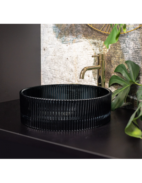 rund håndvask vask bordmonteret bordplade badeværelse sort glas