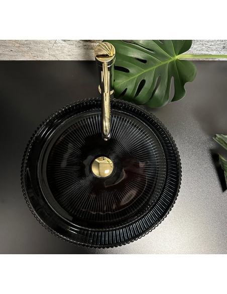 rund håndvask vask bordmonteret bordplade badeværelse sort glas