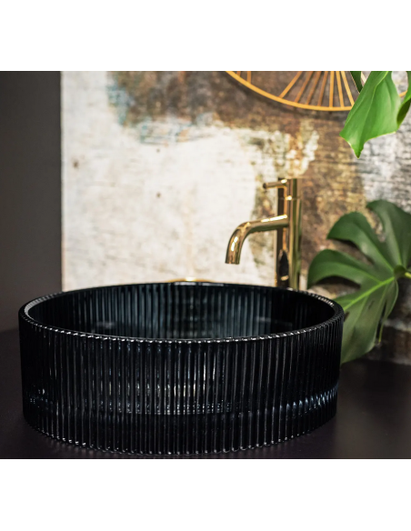 rund håndvask vask bordmonteret bordplade badeværelse sort glas