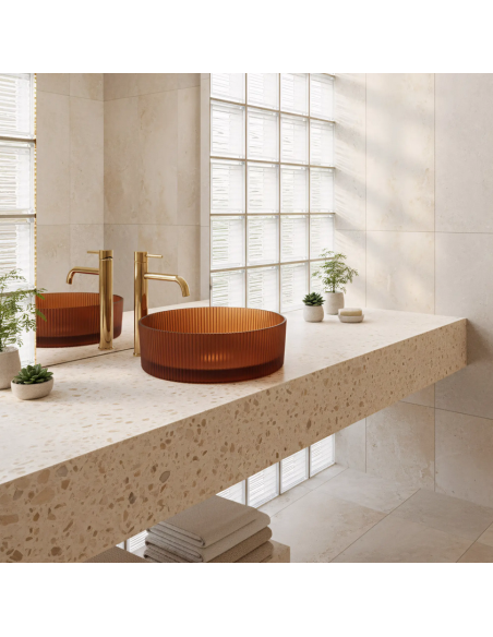 rund håndvask vask bordmonteret bordplade badeværelse glas