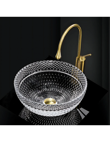 rund håndvask vask bordmonteret bordplade badeværelse glas