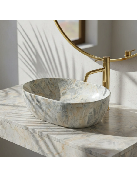 oval håndvask vask bordmonteret bordplade keramik badeværelse