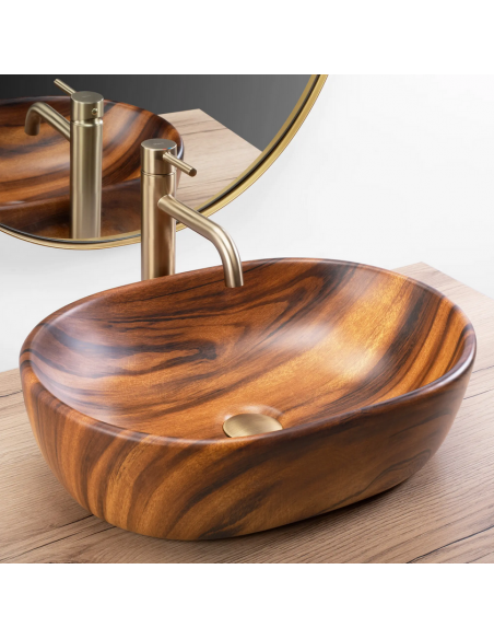 oval håndvask vask bordmonteret bordplade keramik badeværelse træ