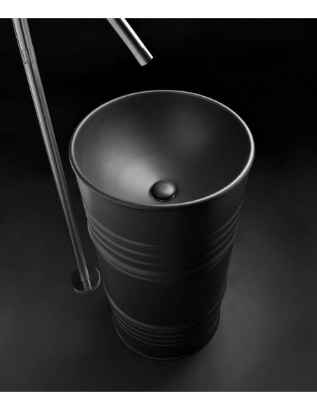 rund håndvask fritstående fristående vask gulvmonteret gulv badeværelse keramik sort