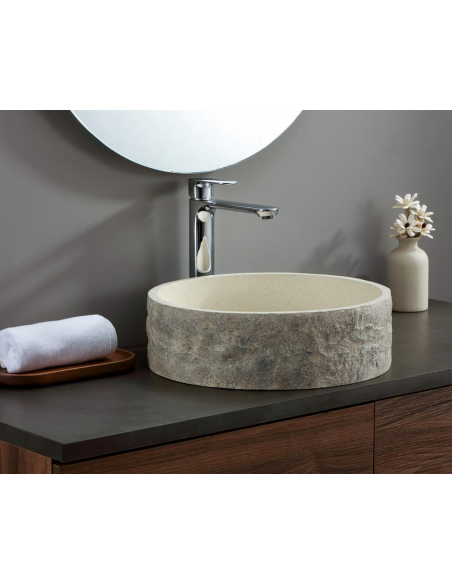 rund håndvask vask bordmonteret bordplade keramik badeværelse sten beton