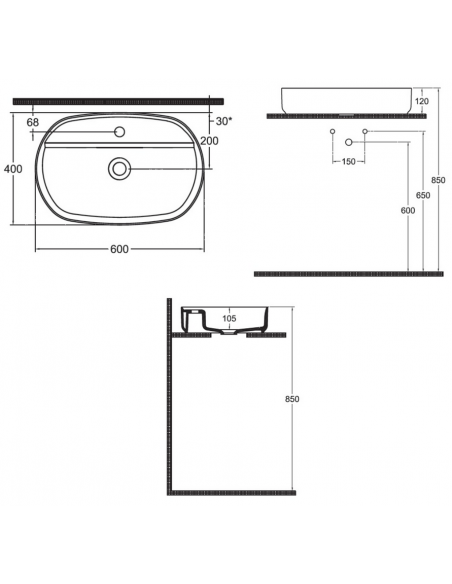 oval håndvask vask bordmonteret bordplade keramik badeværelse