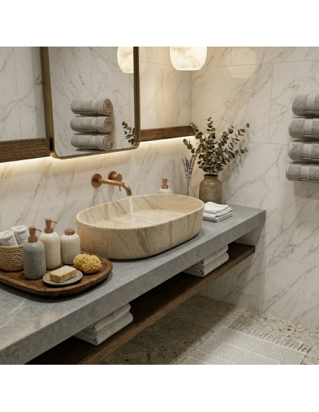 oval håndvask vask bordmonteret bordplade keramik badeværelse marmor