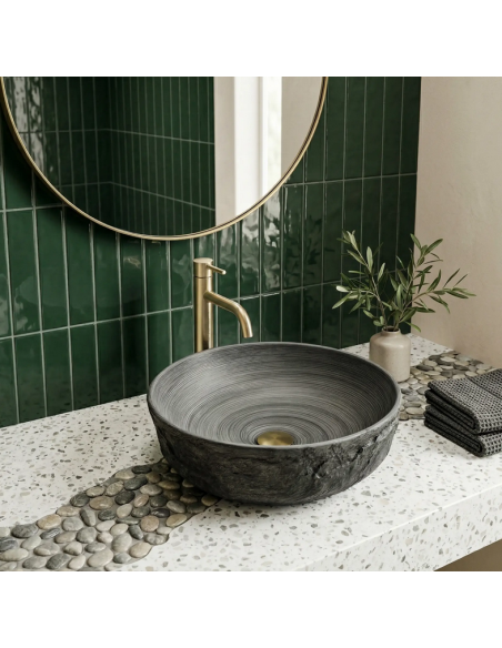 rund håndvask vask bordmonteret bordplade keramik badeværelse sten
