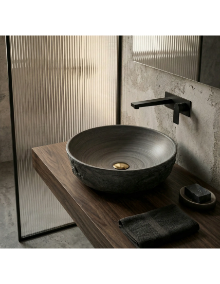 rund håndvask vask bordmonteret bordplade keramik badeværelse sten