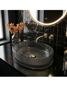 oval håndvask vask bordmonteret bordplade badeværelse sort glas