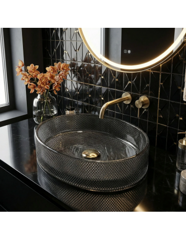 oval håndvask vask bordmonteret bordplade badeværelse sort glas