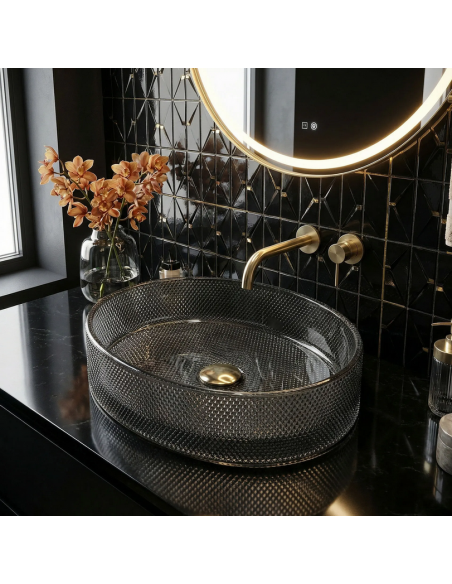 oval håndvask vask bordmonteret bordplade badeværelse sort glas