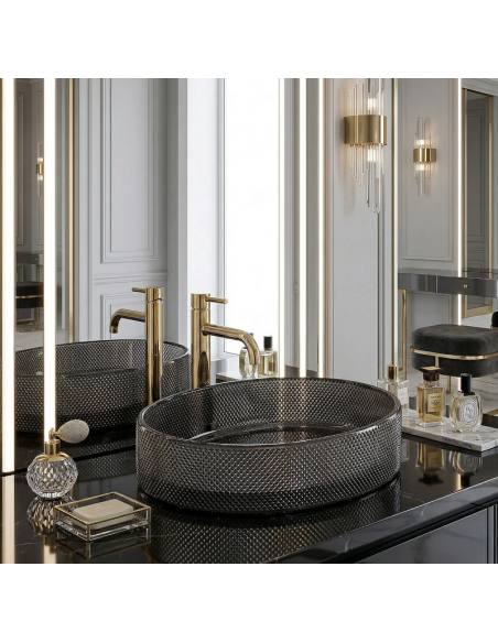 oval håndvask vask bordmonteret bordplade badeværelse sort glas