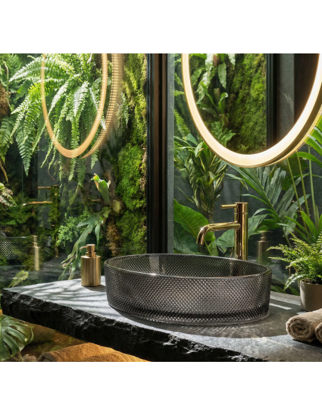 oval håndvask vask bordmonteret bordplade badeværelse sort glas