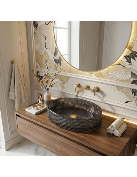 oval håndvask vask bordmonteret bordplade badeværelse sort glas