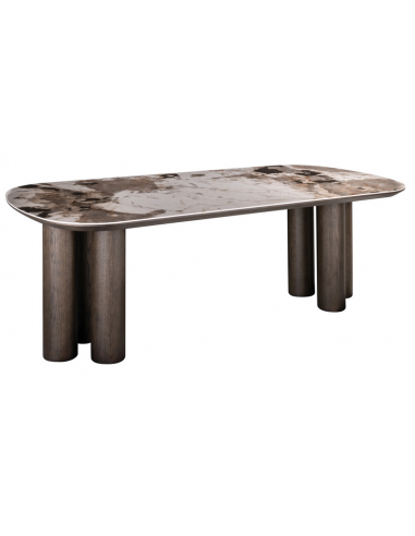 LANGFORD Ovalt spisebord i egetræsfinér, MDF og keramik 230 x 110 cm - Brun/Brun marmor