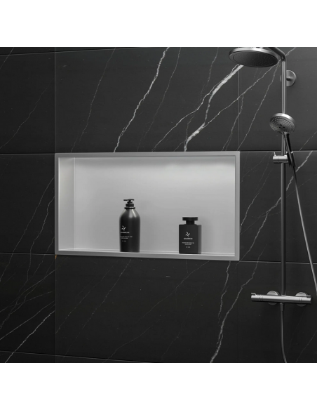 hylde indbygning indmuring væg væggen badeværelseshylde badeværelse bruseniche brusekabine bruser