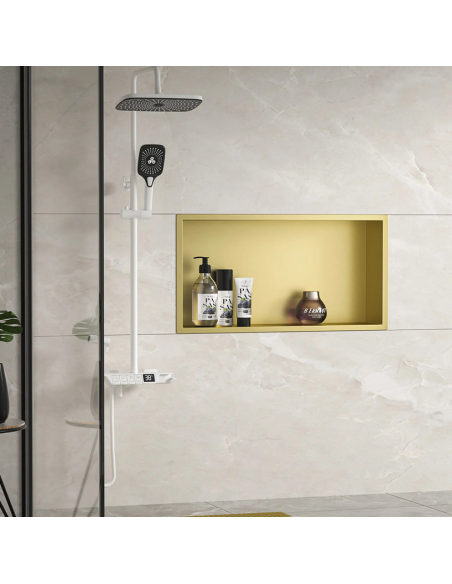 hylde indbygning indmuring væg væggen badeværelseshylde badeværelse bruseniche brusekabine bruser