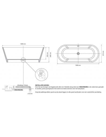 fritstående badekar mat hvid solid surface sten ovalt fristående 170