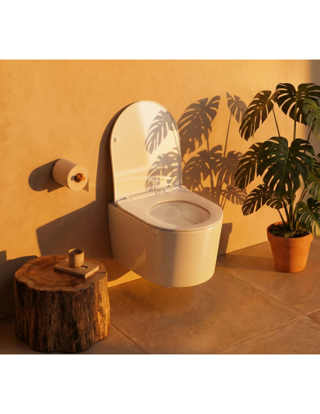 væghængt toilet hvidt mat blank skinnende badeværelse indretning design