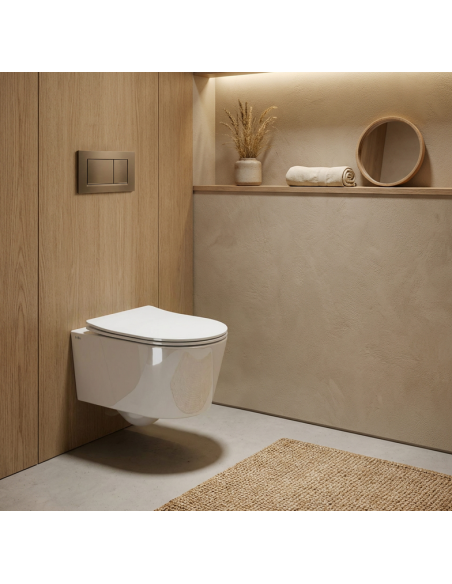 væghængt toilet hvidt mat blank skinnende badeværelse indretning design