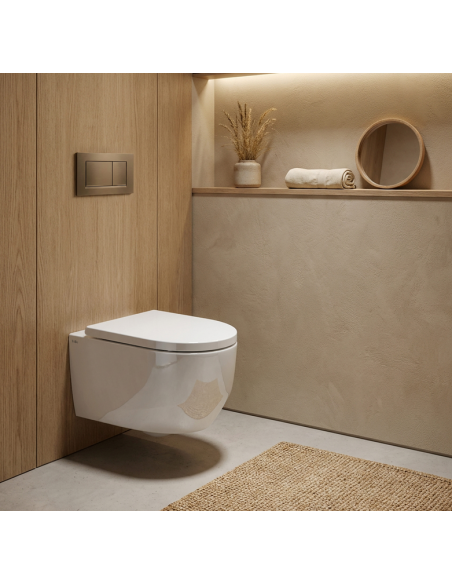 væghængt toilet hvidt mat blank skinnende badeværelse indretning design