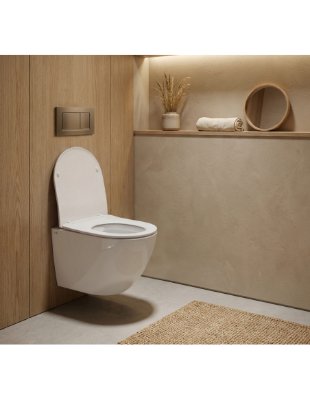 væghængt toilet hvidt mat blank skinnende badeværelse indretning design