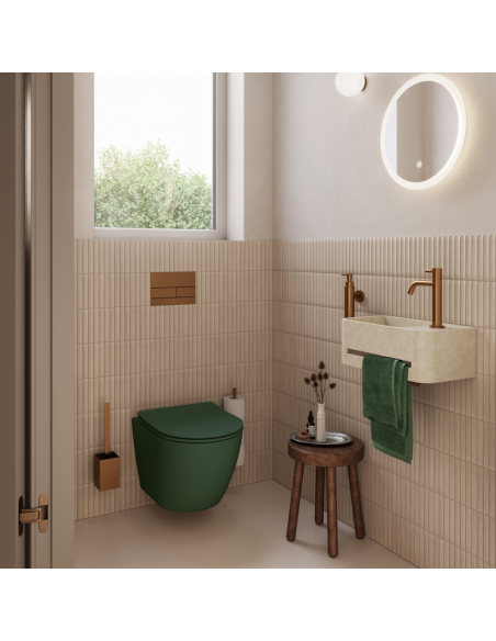 væghængt toilet grøn mat blank skinnende badeværelse indretning design