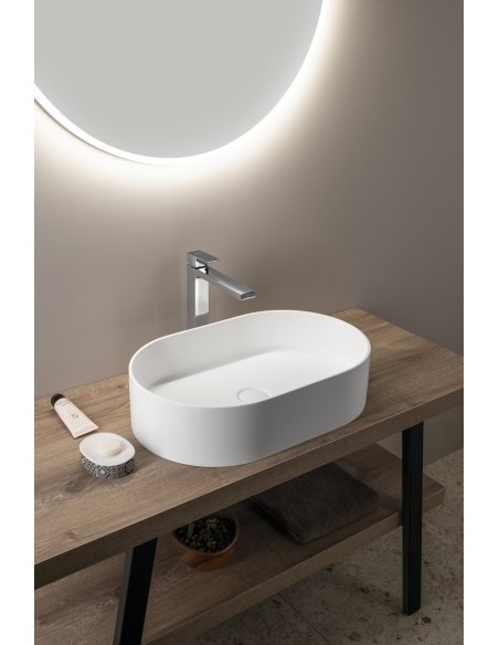 oval solid surface sten håndvask vask bordmonteret bordplade badeværelse mat hvid
